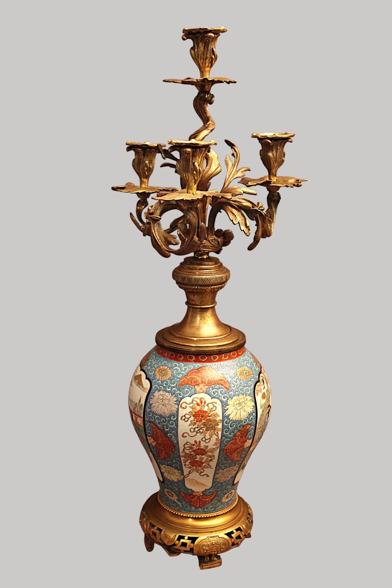 Grand candélabre Japon porcelaine et bronze ( signé )-photo-4