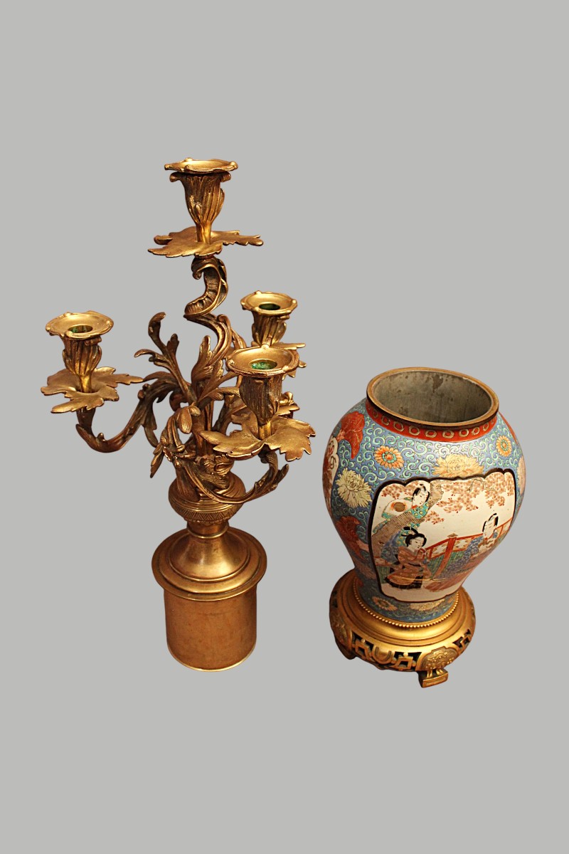 Grand candélabre Japon porcelaine et bronze ( signé )-photo-5