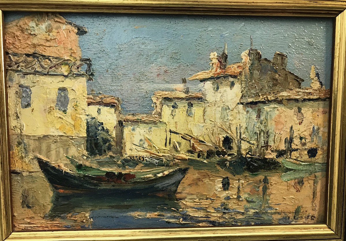 Tableau huile sur Isorel vue d'un port-photo-2