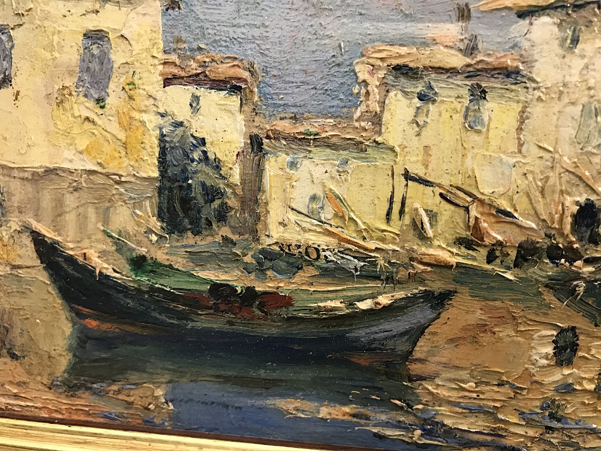 Tableau huile sur Isorel vue d'un port-photo-3