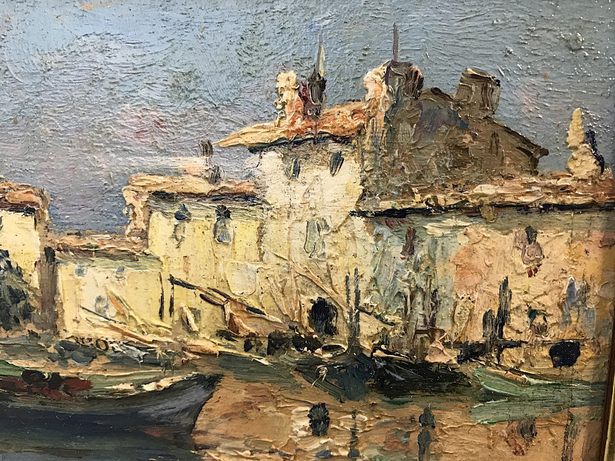 Tableau huile sur Isorel vue d'un port-photo-4