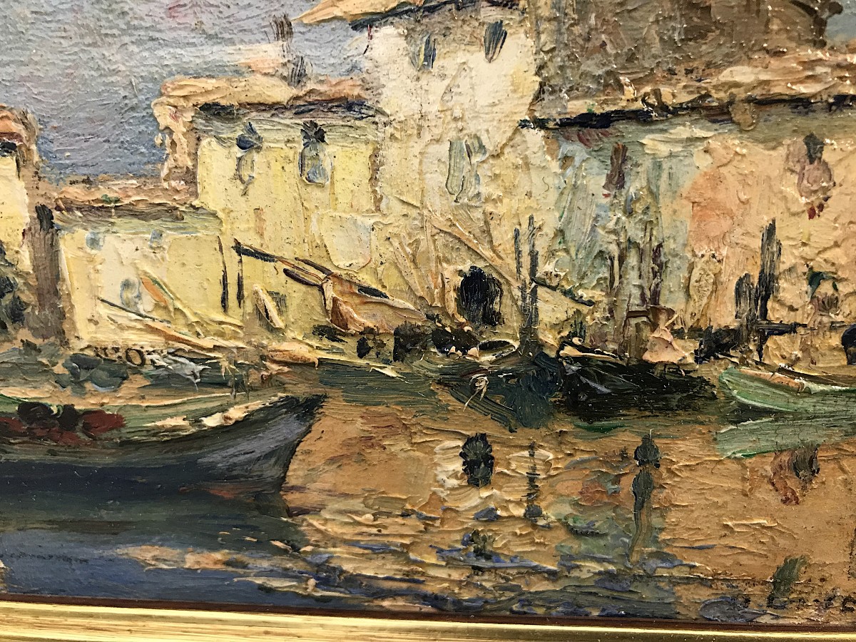 Tableau huile sur Isorel vue d'un port-photo-1