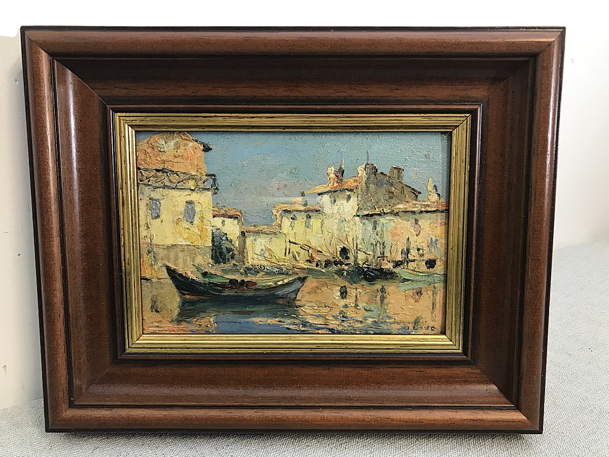 Tableau huile sur Isorel vue d'un port