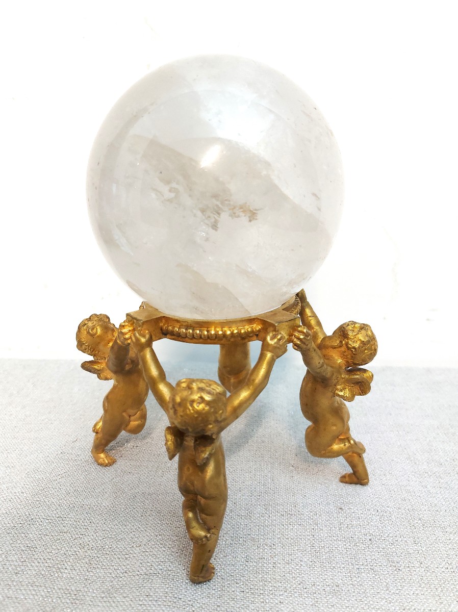 Baccarat, Gilded Bronze Cherubs And Rock Crystal Ball-photo-3