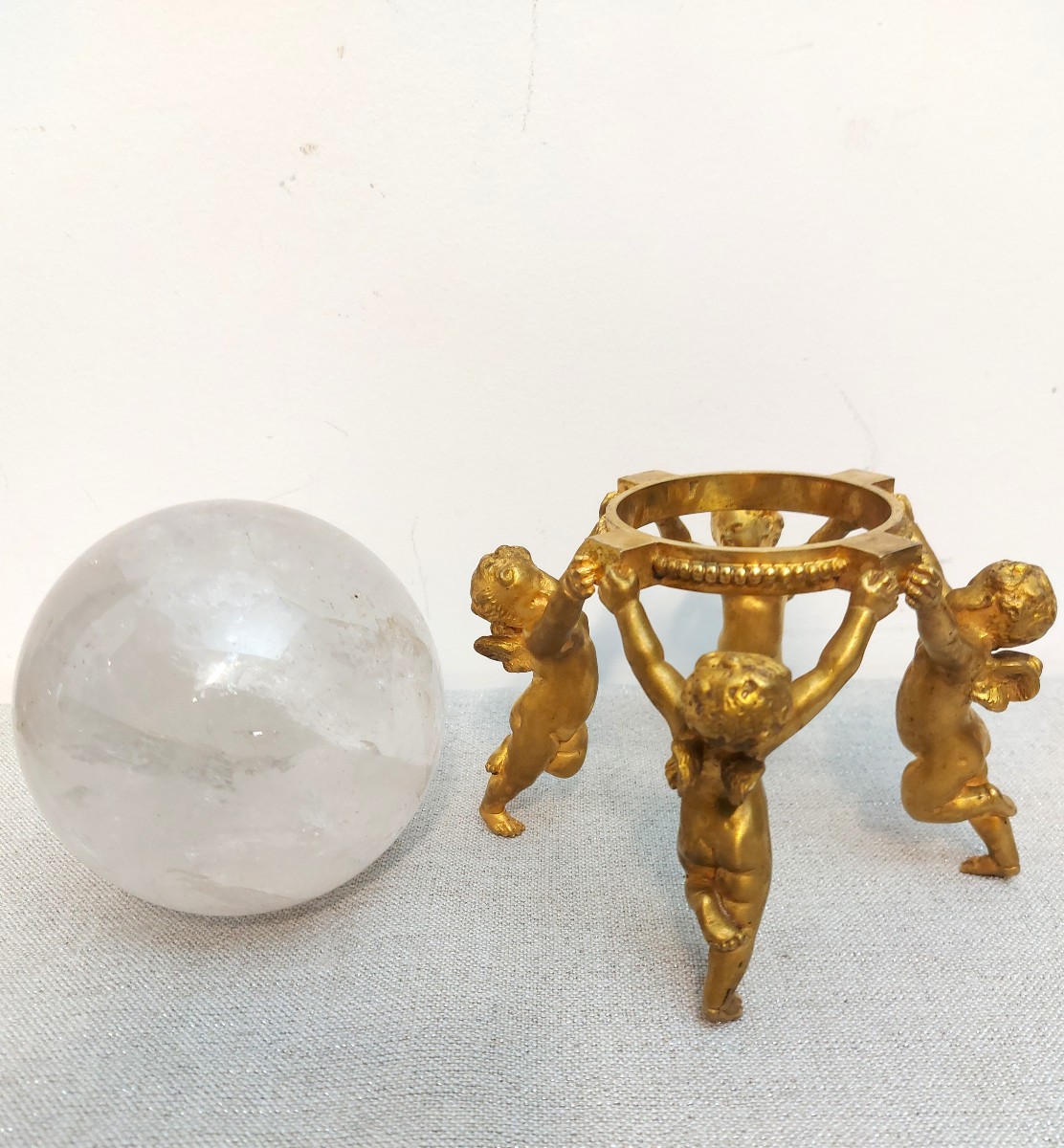 Baccarat, Gilded Bronze Cherubs And Rock Crystal Ball-photo-4