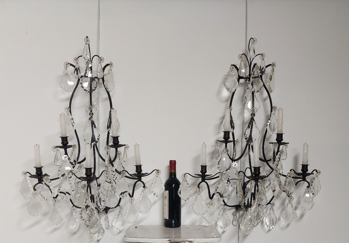 Large Pair Of Bronze Sconces With Crystal Pendants-photo-2
