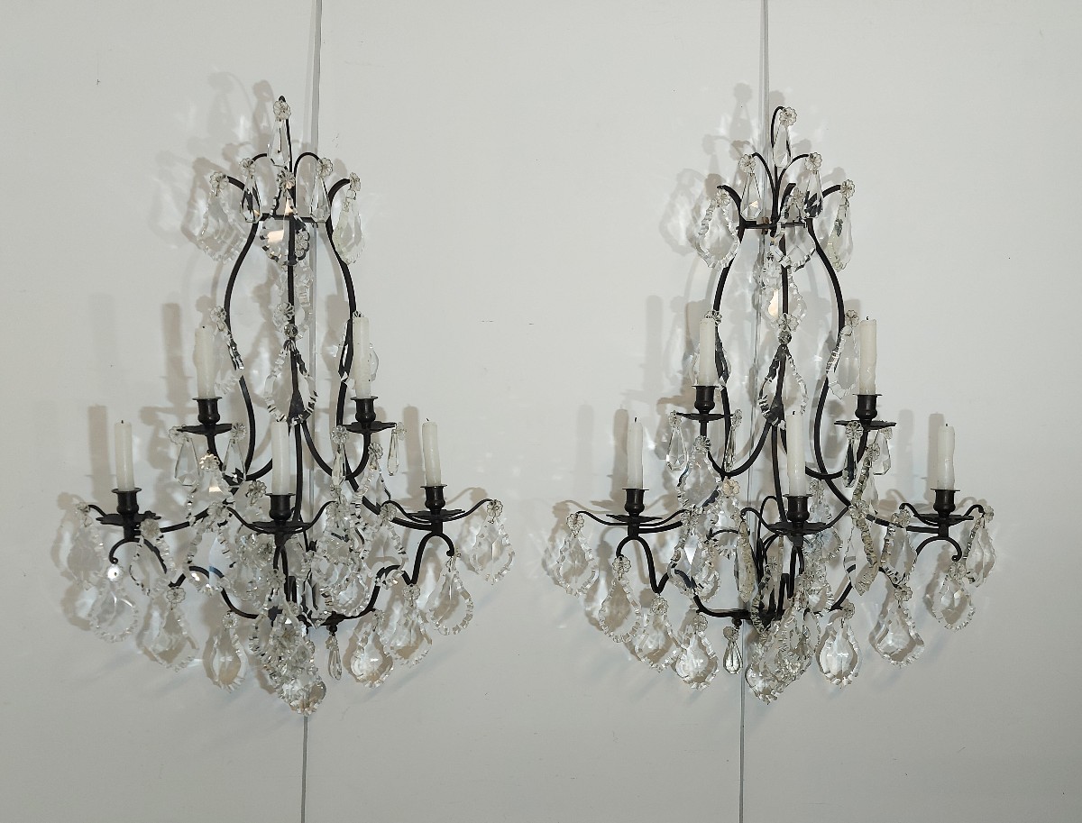 Large Pair Of Bronze Sconces With Crystal Pendants-photo-3