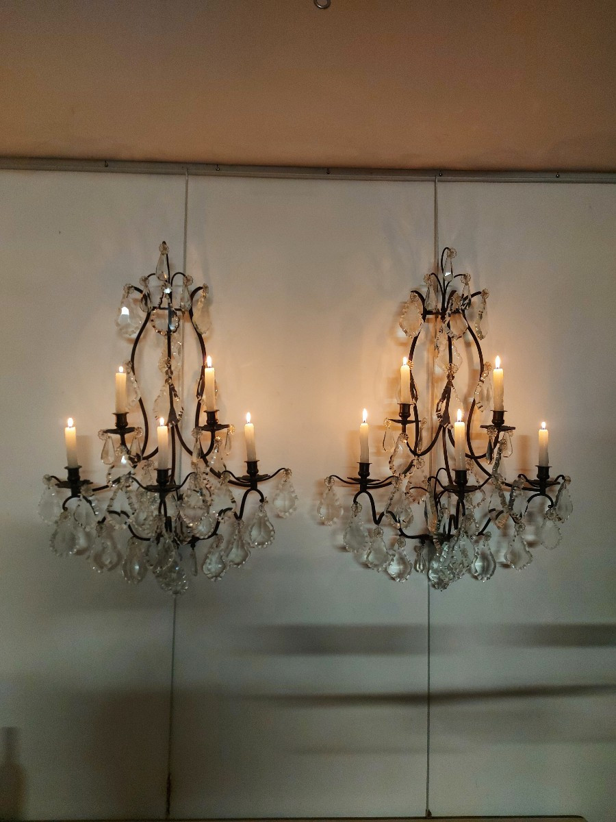 Large Pair Of Bronze Sconces With Crystal Pendants-photo-4