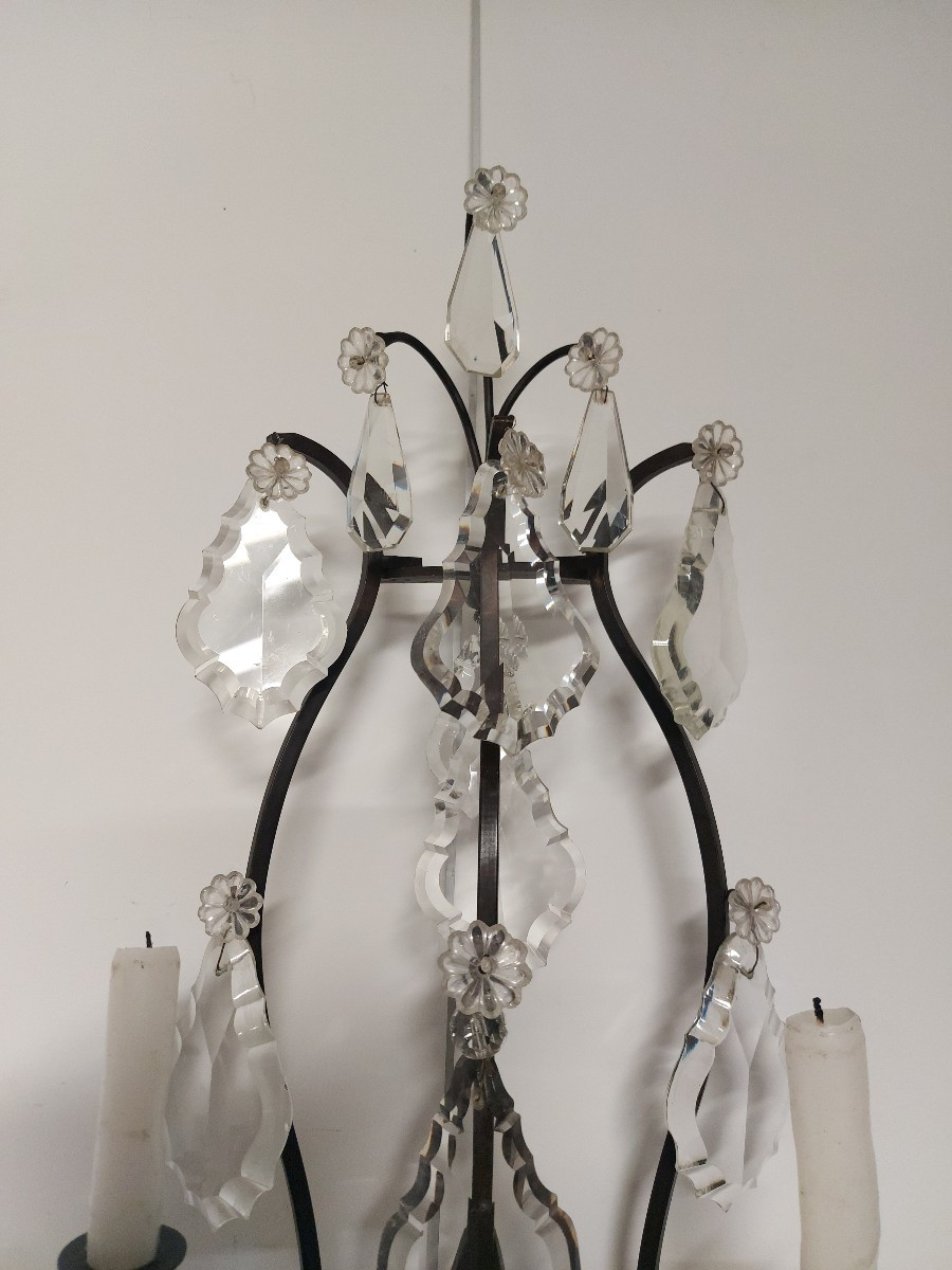 Large Pair Of Bronze Sconces With Crystal Pendants-photo-1