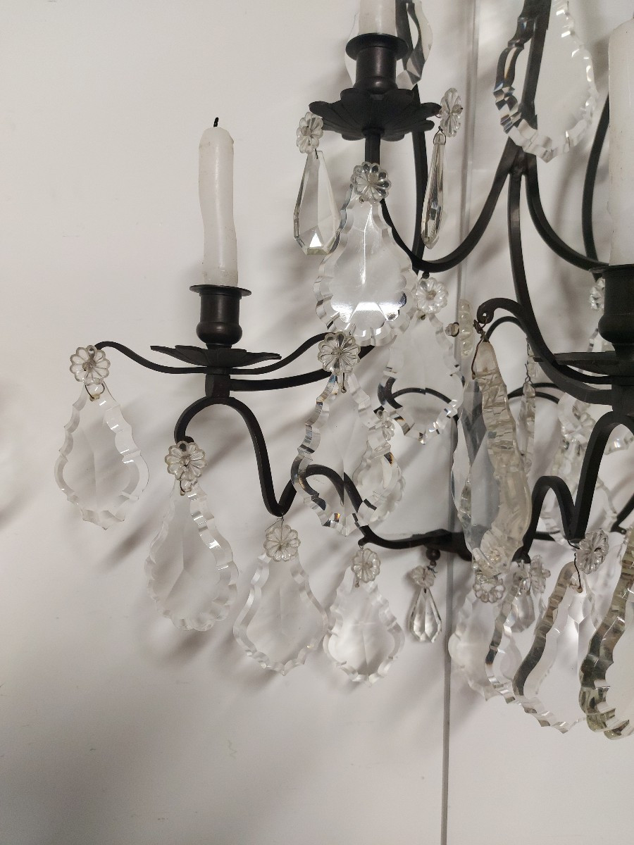 Large Pair Of Bronze Sconces With Crystal Pendants-photo-3