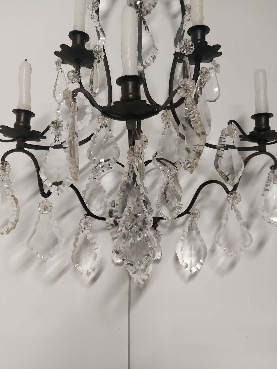 Large Pair Of Bronze Sconces With Crystal Pendants-photo-4