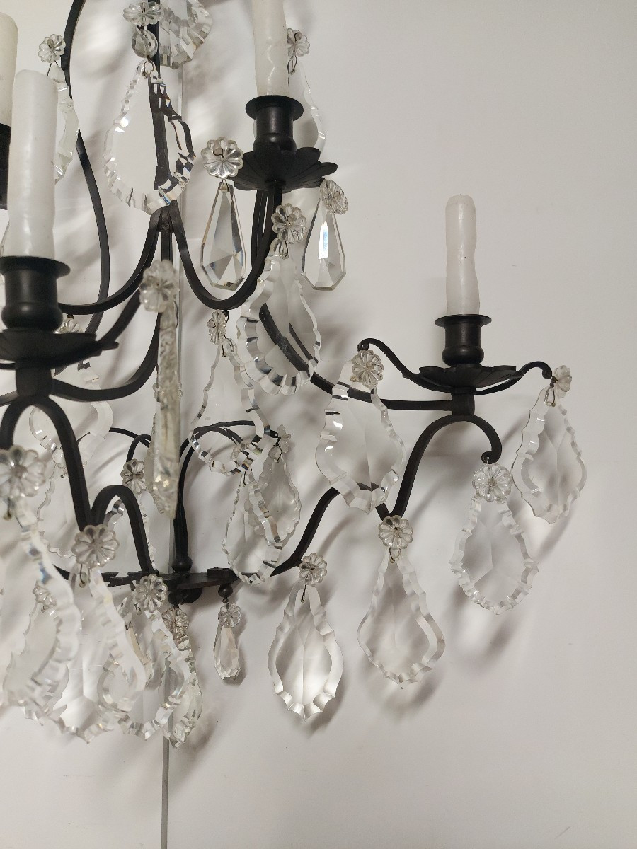 Large Pair Of Bronze Sconces With Crystal Pendants-photo-5