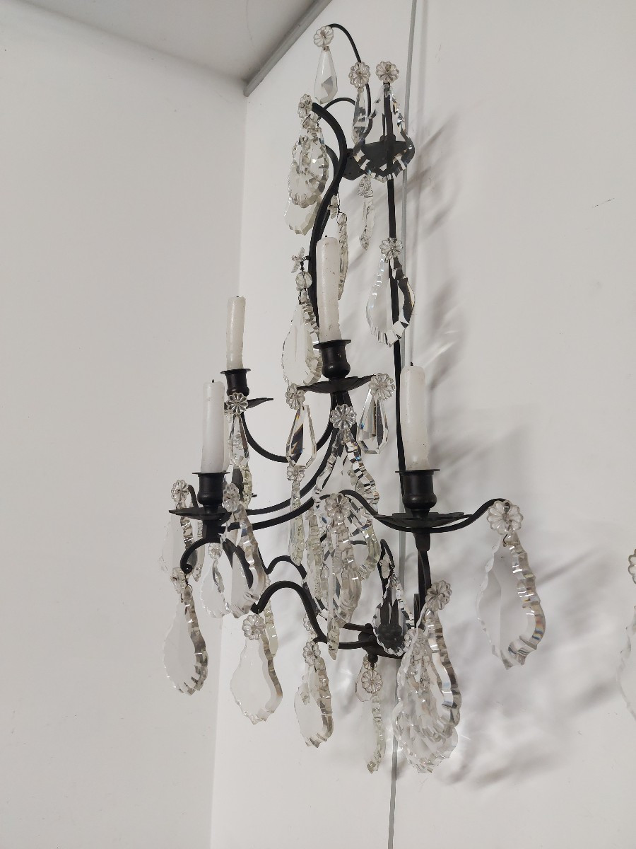 Large Pair Of Bronze Sconces With Crystal Pendants-photo-6