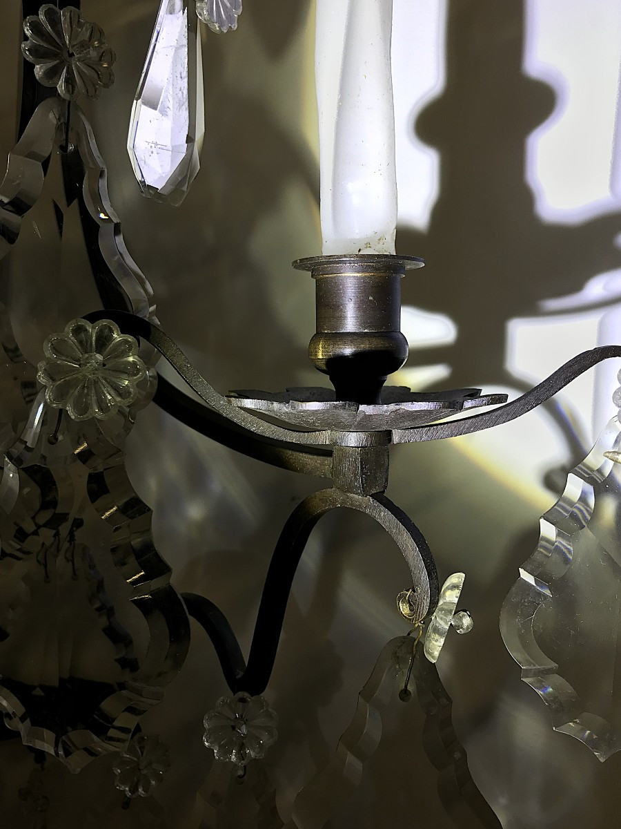 Large Pair Of Bronze Sconces With Crystal Pendants-photo-8