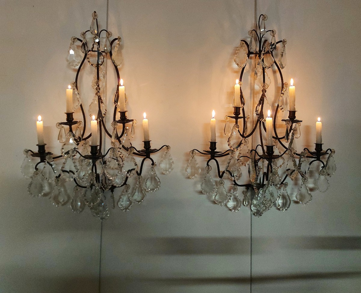 Large Pair Of Bronze Sconces With Crystal Pendants