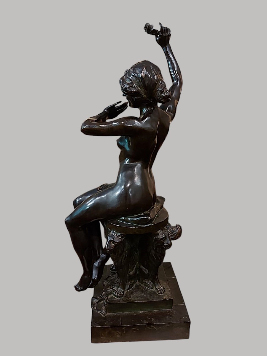 Grand bronze jeune femme nue à la rose par René Paris époque art nouveau-photo-1