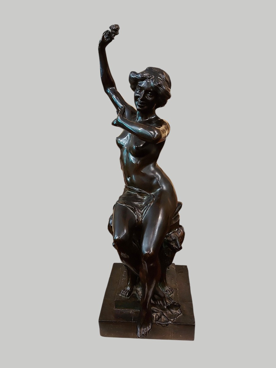 Grand bronze jeune femme nue à la rose par René Paris époque art nouveau-photo-2