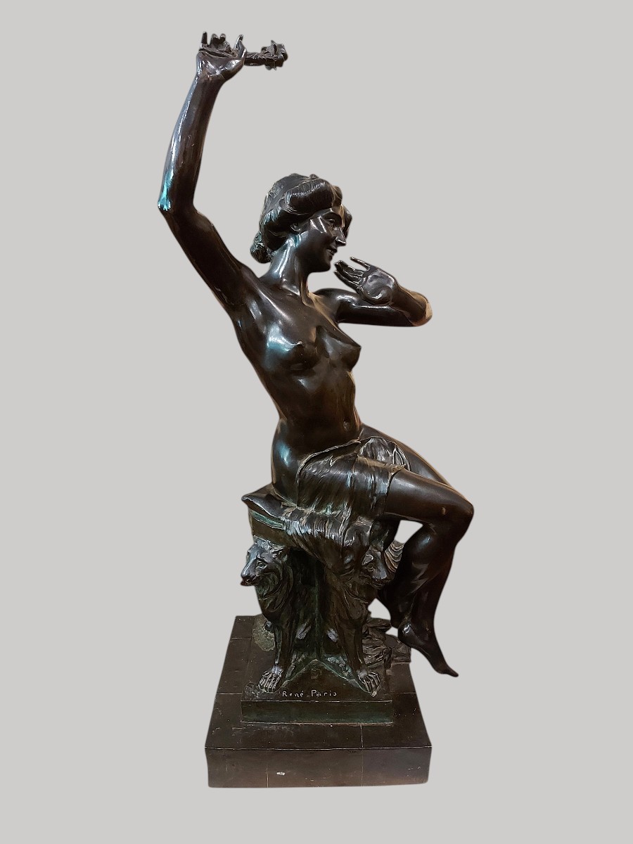 Grand bronze jeune femme nue à la rose par René Paris époque art nouveau