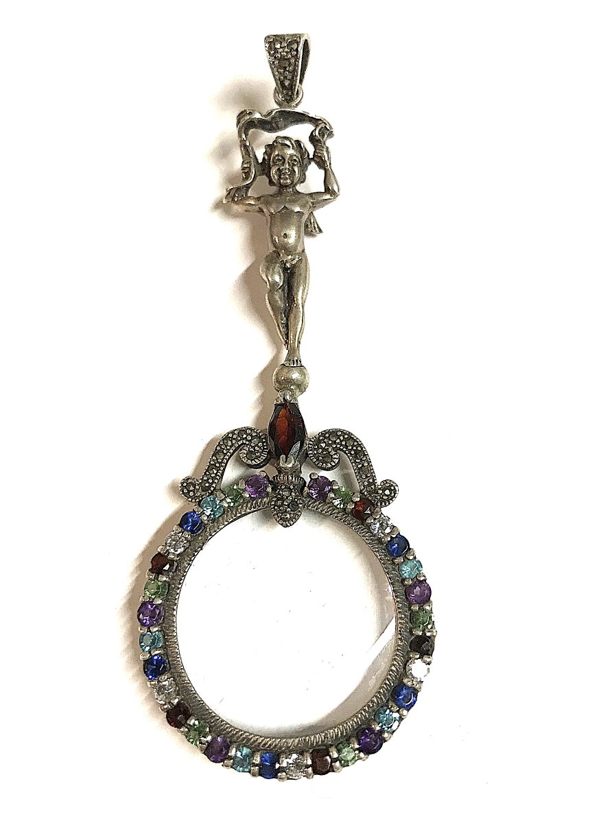 Pendentif loupe argent massif et pierres