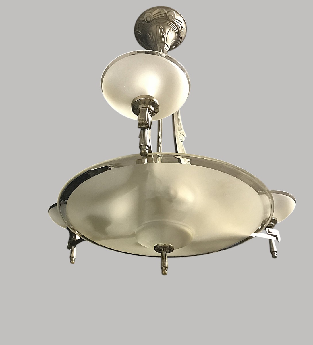 Art Deco Chandelier In Nickel-plated Bronze And Glass-photo-3