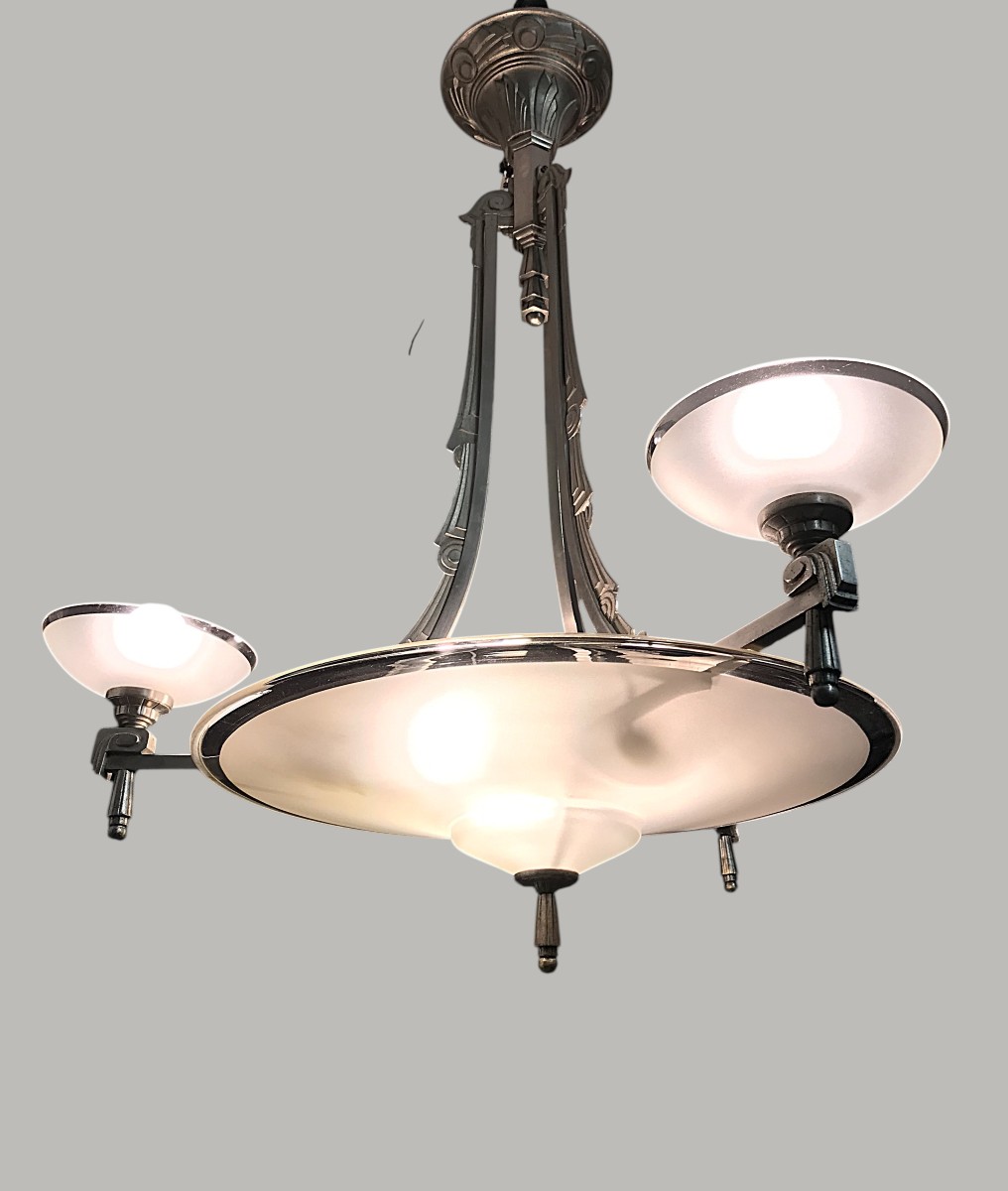 Art Deco Chandelier In Nickel-plated Bronze And Glass-photo-4