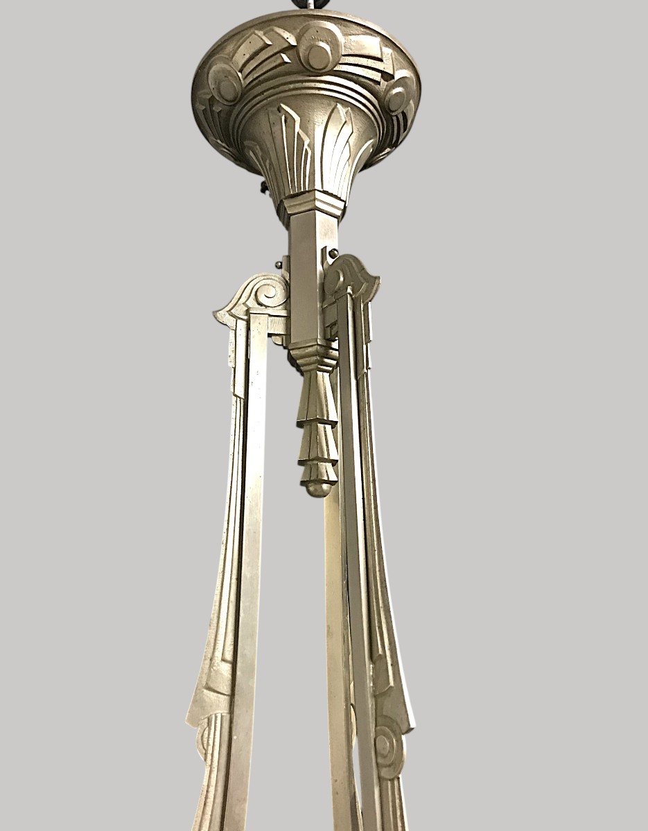 Art Deco Chandelier In Nickel-plated Bronze And Glass-photo-1