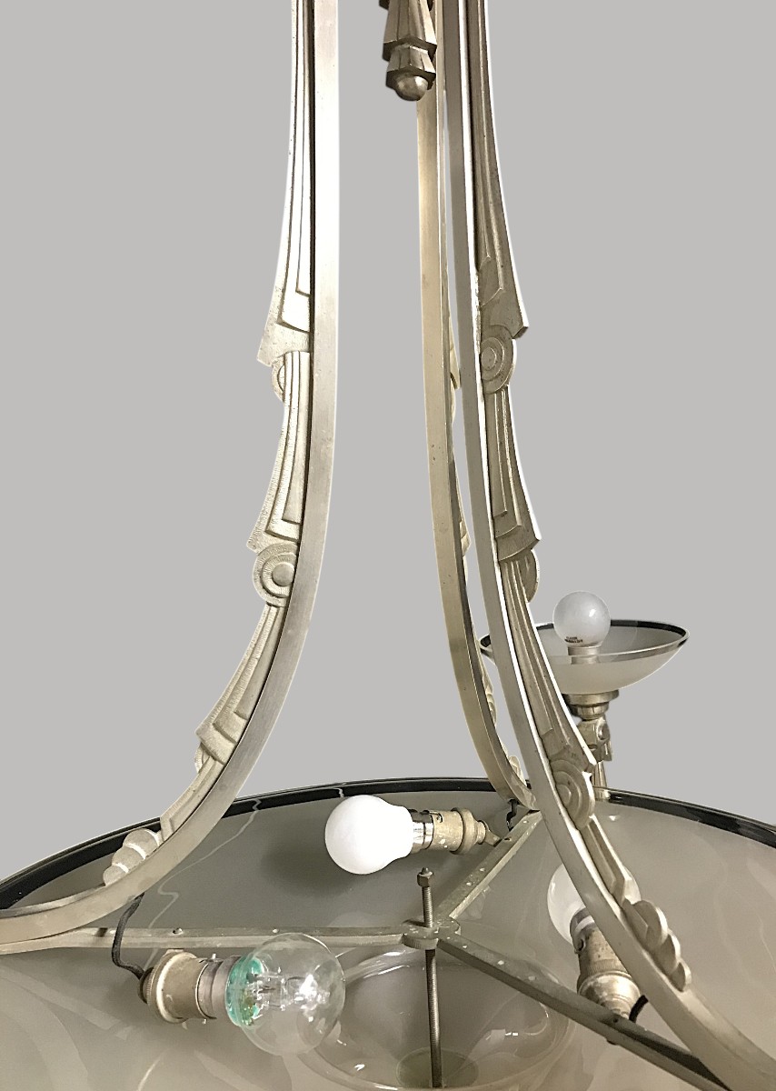 Art Deco Chandelier In Nickel-plated Bronze And Glass-photo-2