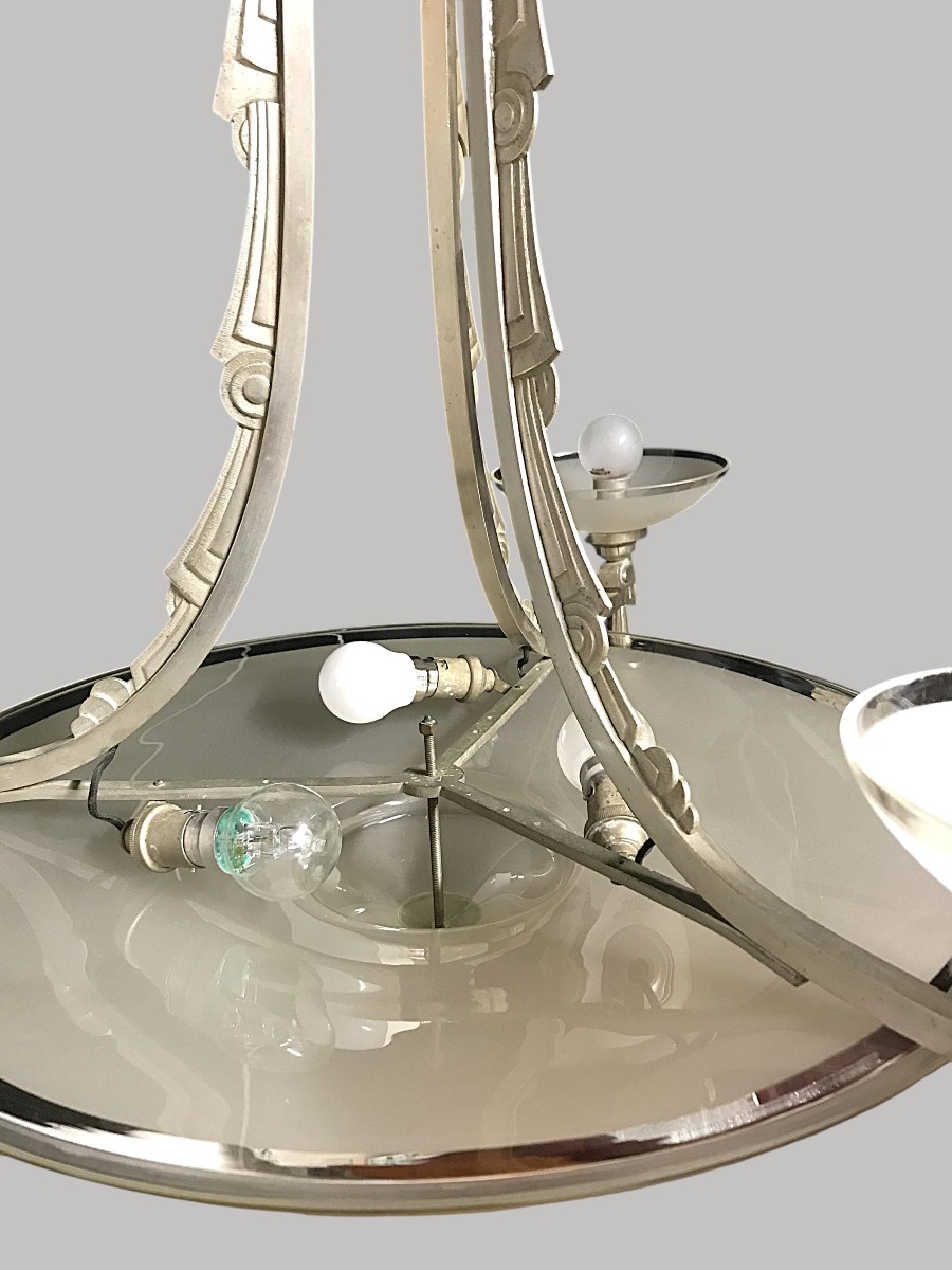Art Deco Chandelier In Nickel-plated Bronze And Glass-photo-3