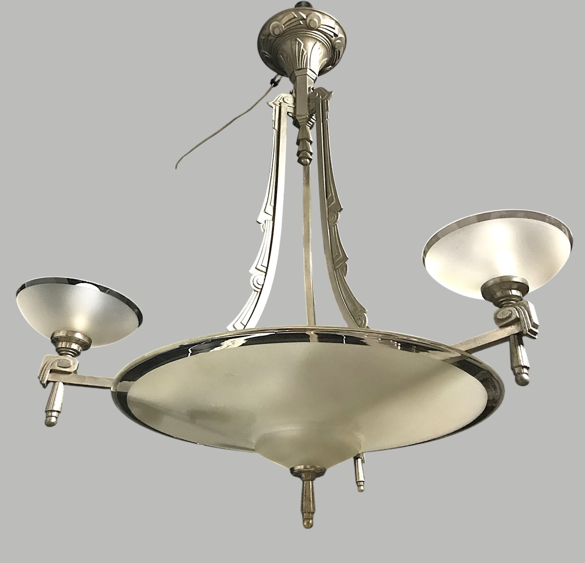 Art Deco Chandelier In Nickel-plated Bronze And Glass