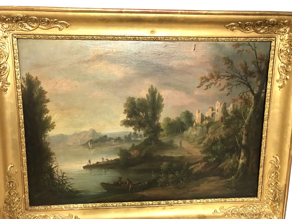 Lake Landscape Painting, 19th Century-photo-2