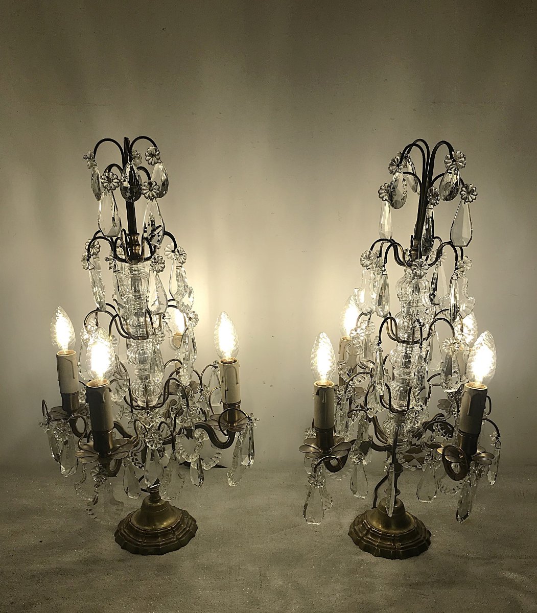 Pair Of Bronze And Crystal Chandeliers