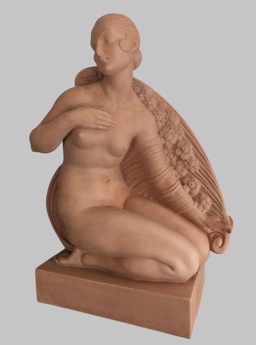 Sculpture Art déco – Femme nue à la corne d’abondance – Terre cuite signée Joe Descomps-photo-2