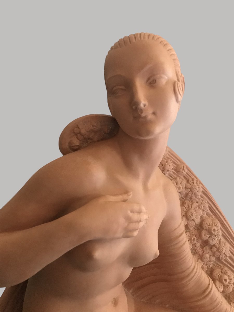 Sculpture Art déco – Femme nue à la corne d’abondance – Terre cuite signée Joe Descomps-photo-2