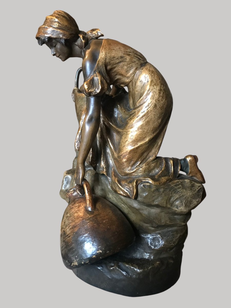 Goldscheider – Large Polychrome Terracotta Sculpture – Young Woman At The Fountain-photo-4