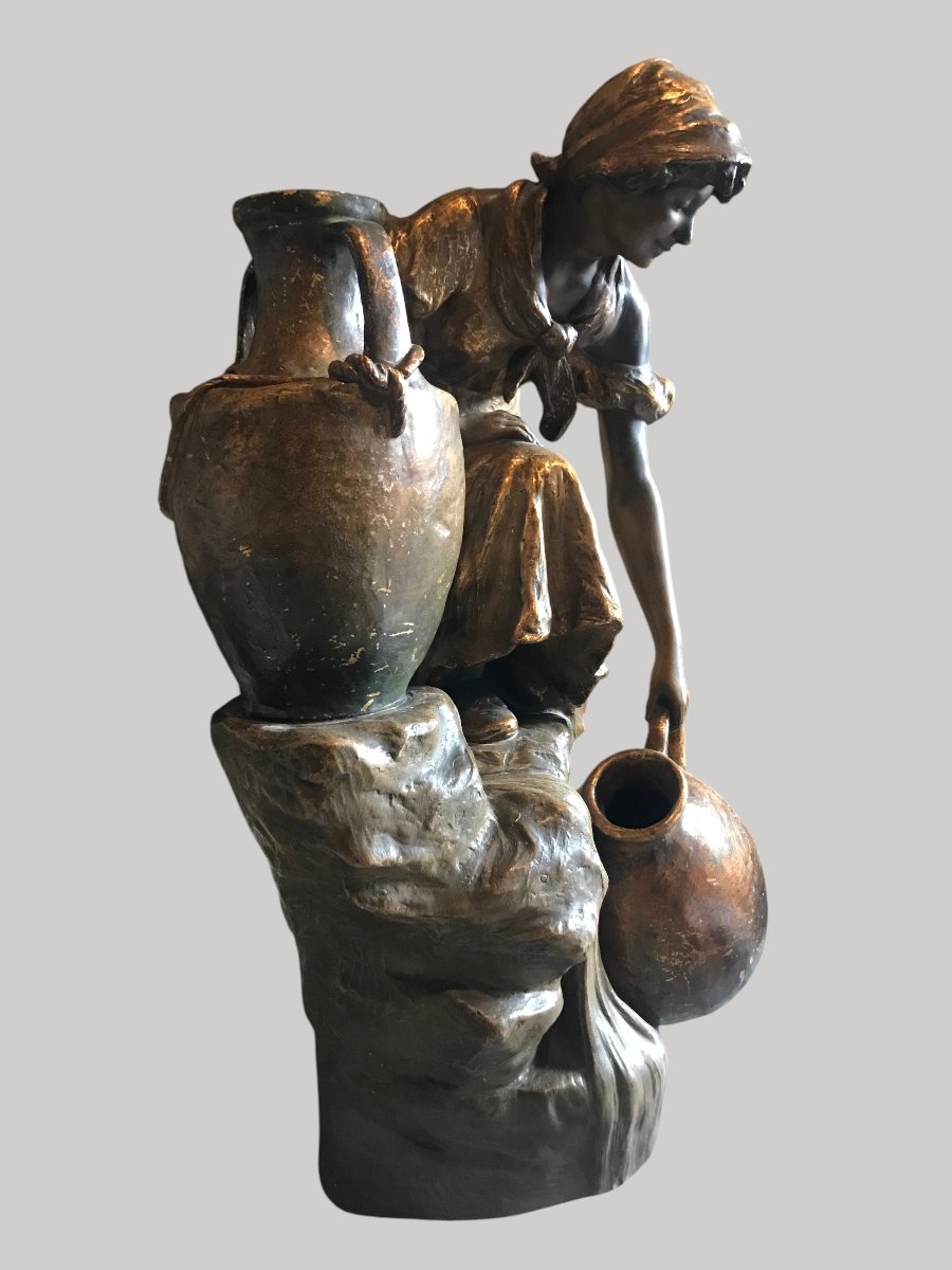 Goldscheider – Large Polychrome Terracotta Sculpture – Young Woman At The Fountain-photo-1