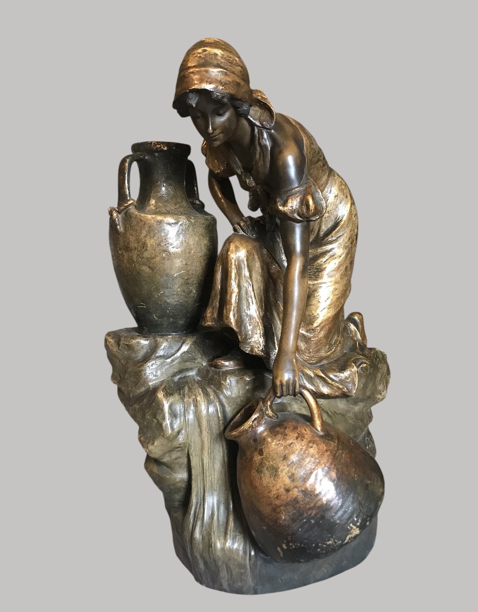 Goldscheider – Large Polychrome Terracotta Sculpture – Young Woman At The Fountain