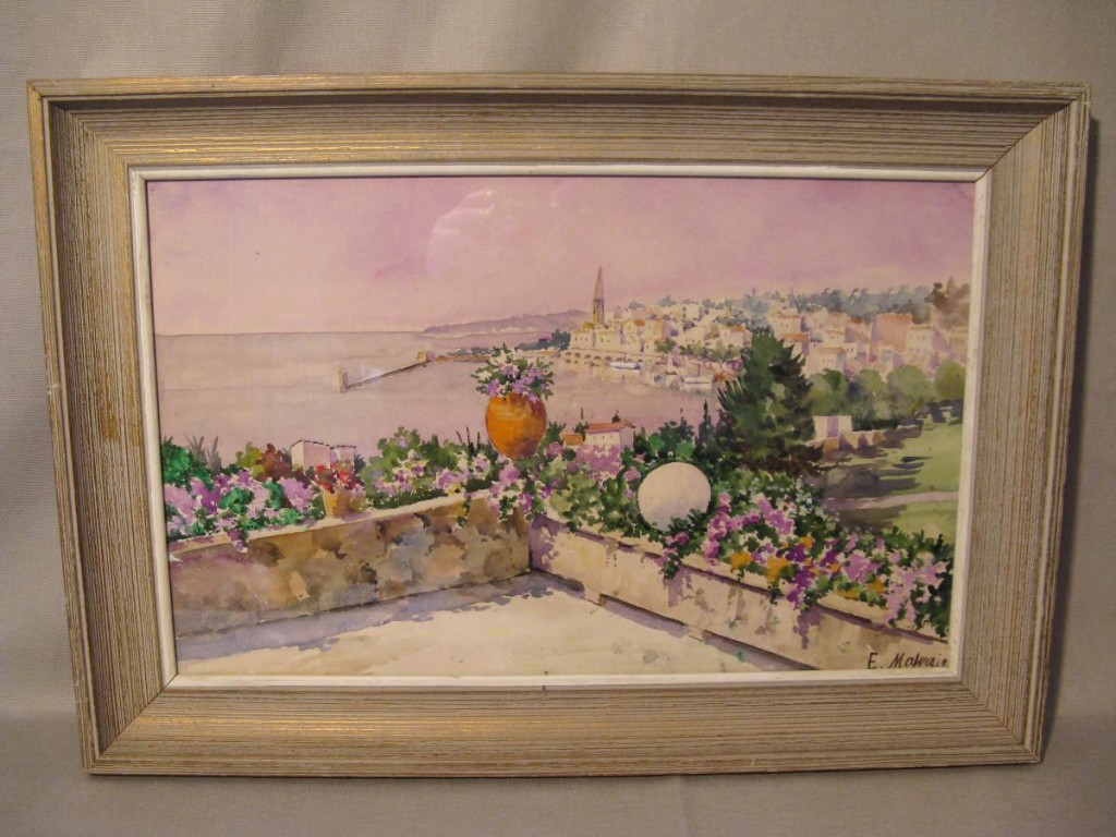 Aquarelle signée E.Malezin : vue de Menton d'une terrasse