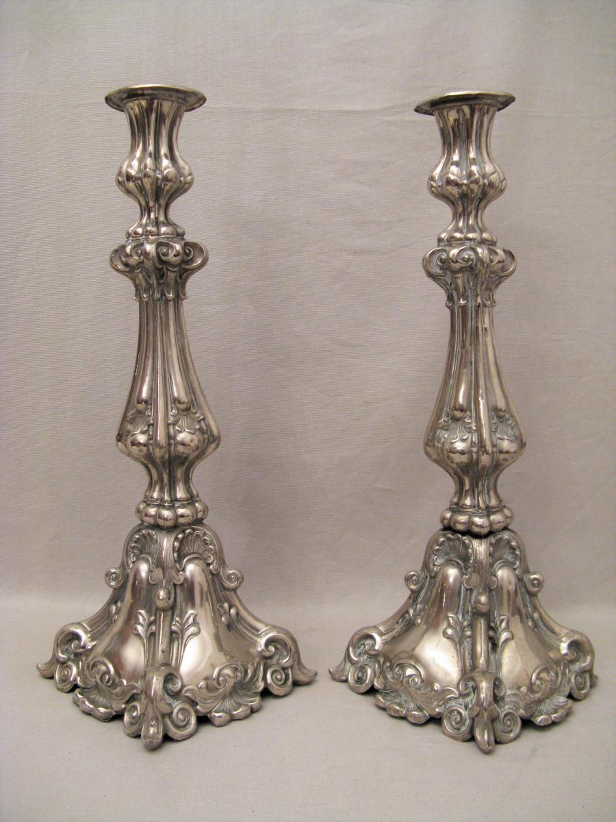 Pair Of Silver Metal Church Candlesticks XIX-photo-2