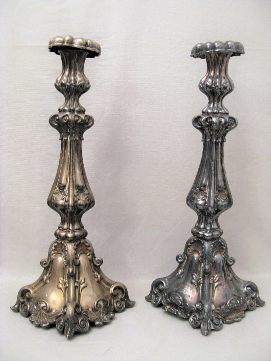 Pair Of Silver Metal Church Candlesticks XIX-photo-2