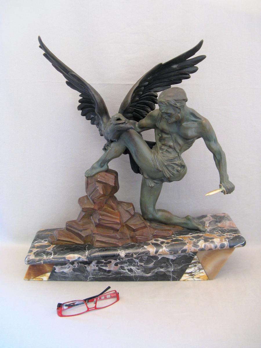 Art Deco Metal Sculpture Eagle And Man