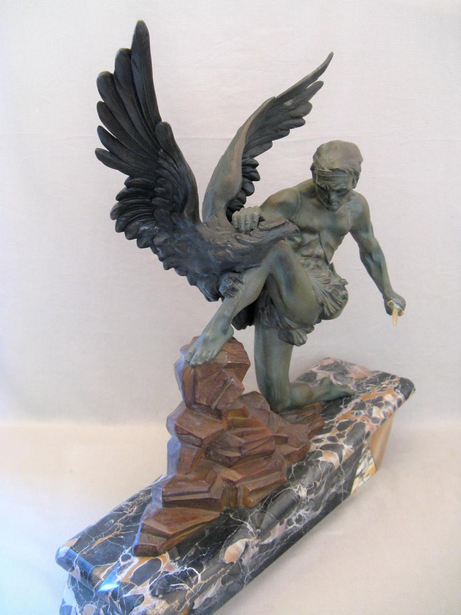 Art Deco Metal Sculpture Eagle And Man-photo-4