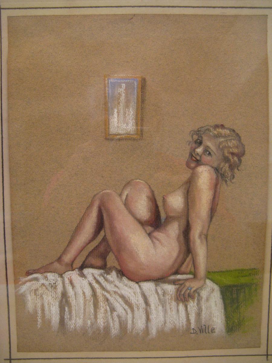 Female Nude Art Deco Drawing Signed D. City-photo-2