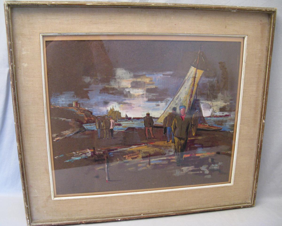 Gouache marine port Breton XX ème siècle