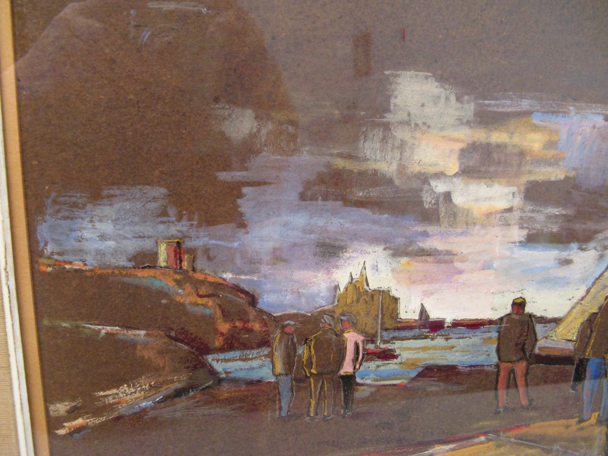 Gouache marine port Breton XX ème siècle-photo-3