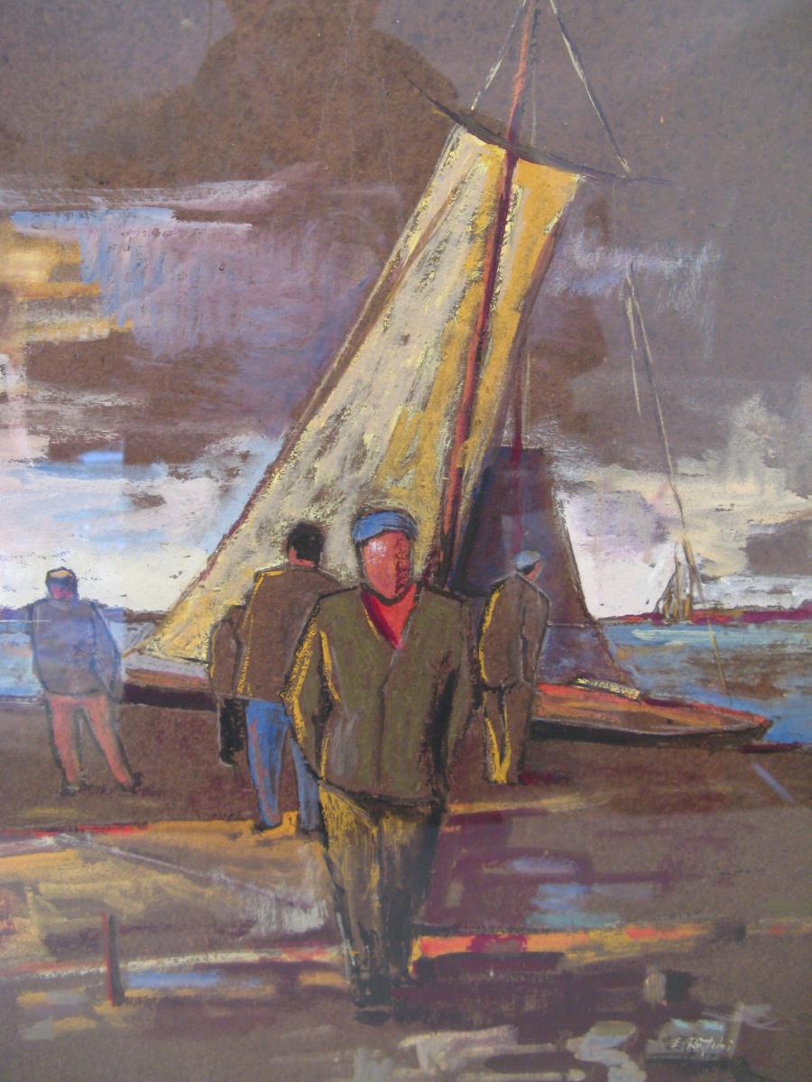Gouache marine port Breton XX ème siècle-photo-1