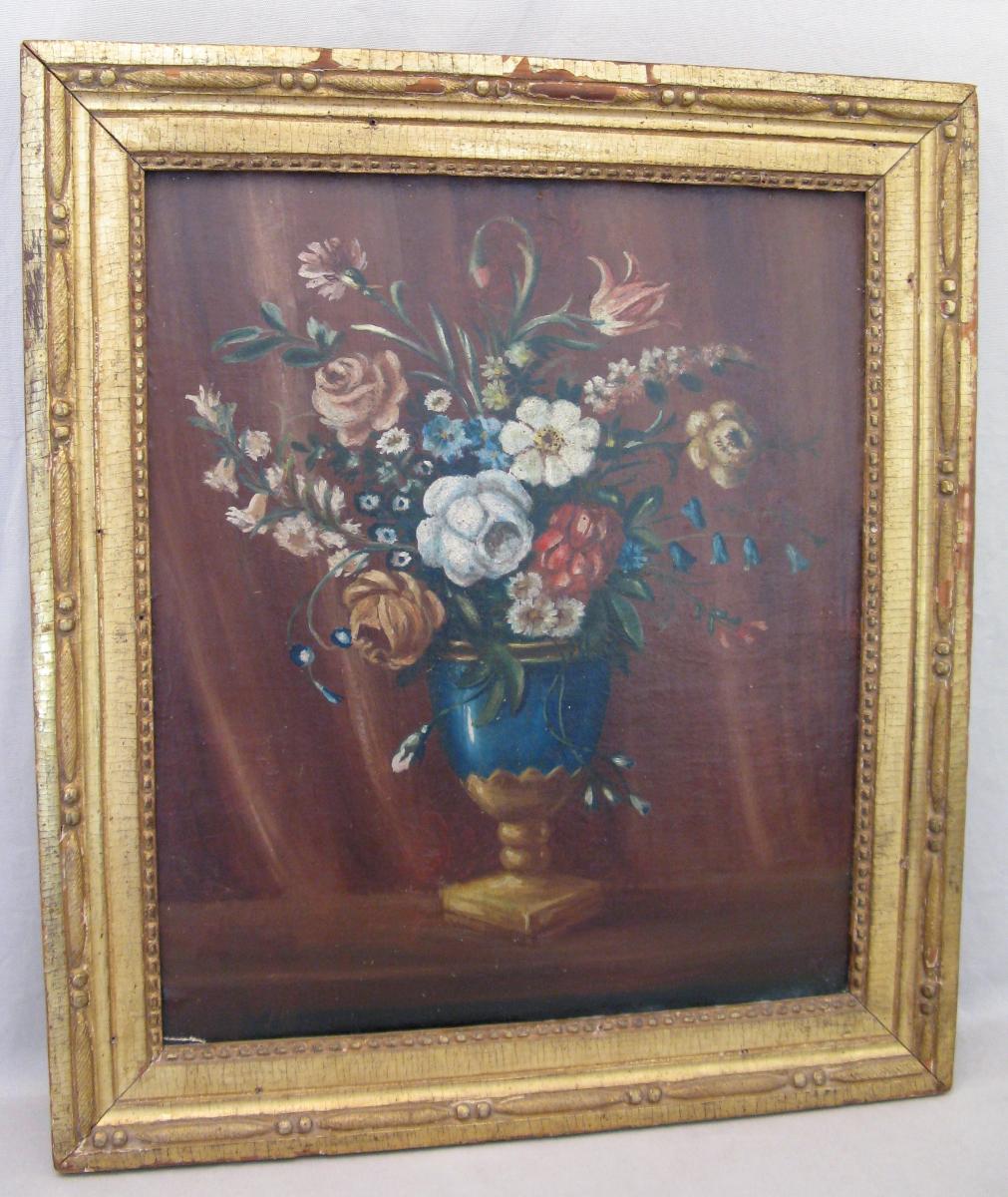 Table Oil On Canvas Bouquet Of Flowers XIX Century