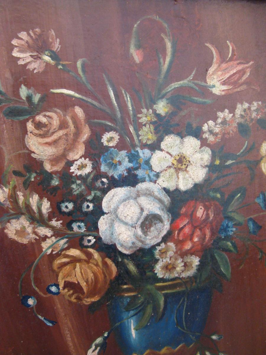 Table Oil On Canvas Bouquet Of Flowers XIX Century-photo-3