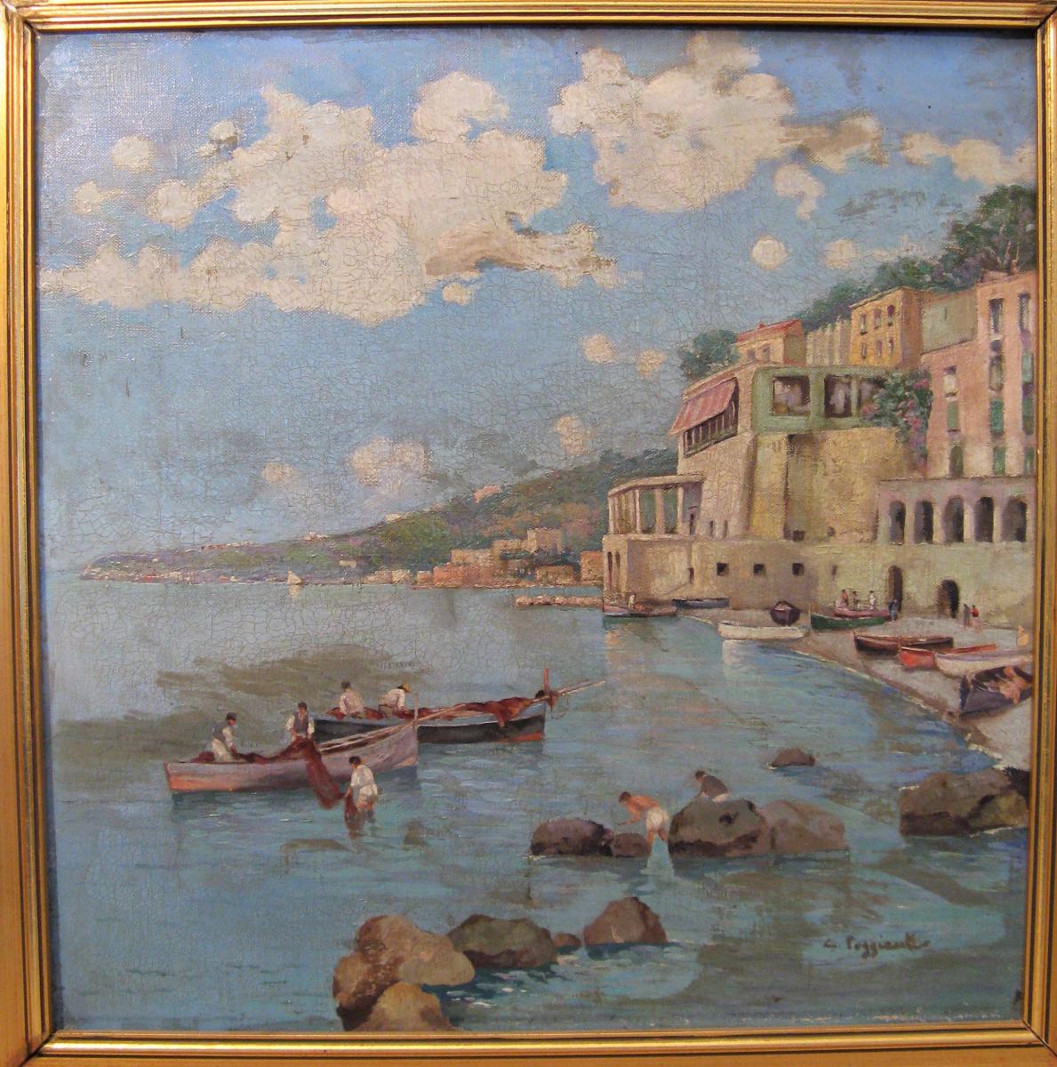 Oil On Canvas Signed C. Poggianti The Almafitaine Coast In-photo-2