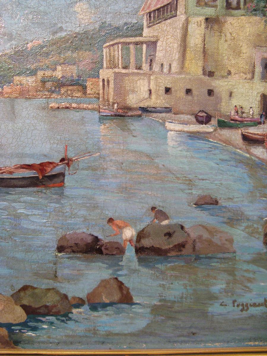 Huile sur toile signée C. Poggianti la côte Almafitaine en Italie début XX siècle-photo-1