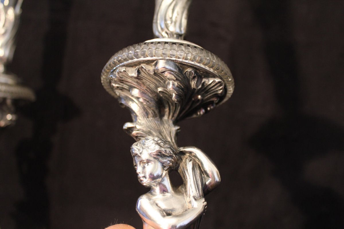 Grande paire de soliflores aux puttis cristal et bronze argenté de Victor Saglier XIX siècle-photo-5